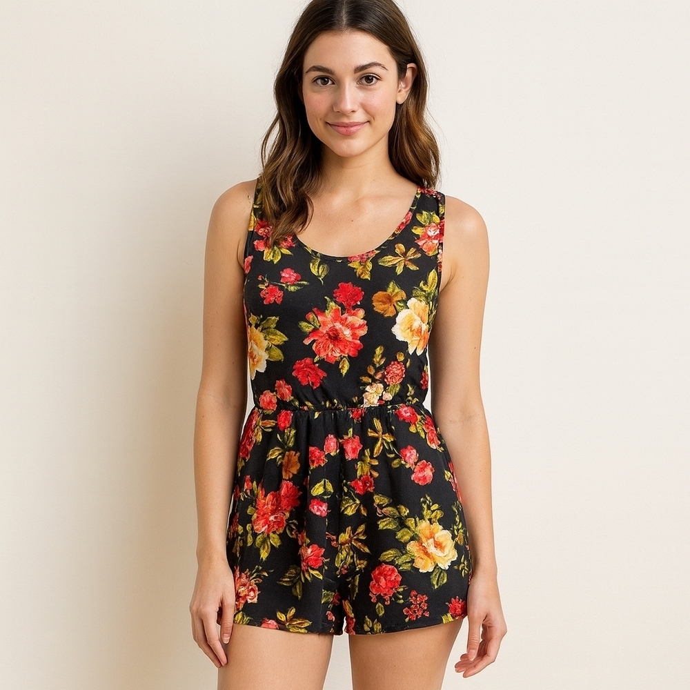 Floral Black Romper Summer Pretty Feminine Pink Green Orange Size Medium